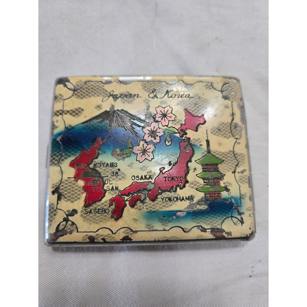 Vintage Japan Korea Souvenir Cigarette Case Map 38th Parallel Mt Fuji Pagoda